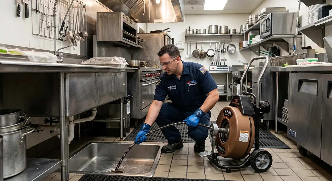 Commercial drain cleaning service in a restaurant kitchen in Westminster