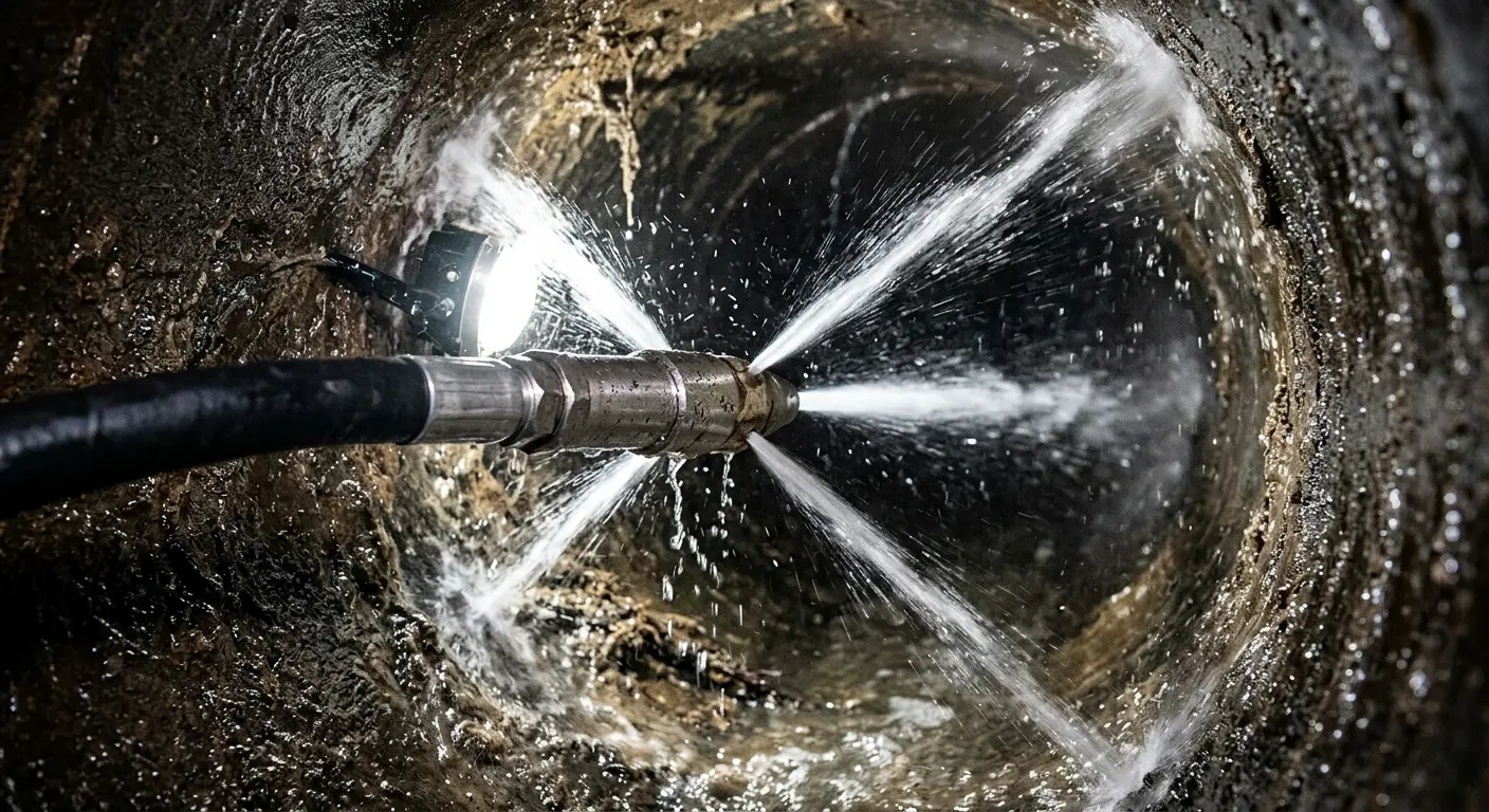 High-pressure hydro jetting nozzle cleaning sewer pipe for Sewer Cleanout in Westminster